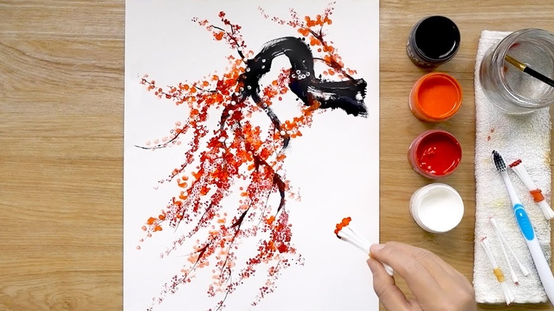 Cherry Tree Painting using Toothbrush and Q tip Painting