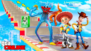 GTA 5 - КАК ДАЛЕКО ИГРУШКИ И ХАГГИ ВАГГИ СМОГУТ ЗАБРАТЬСЯ ПО ЛЕСТНИЦЕ ? - ЭКСПЕРИМЕНТЫ В ГТА 5 ОНЛАЙН