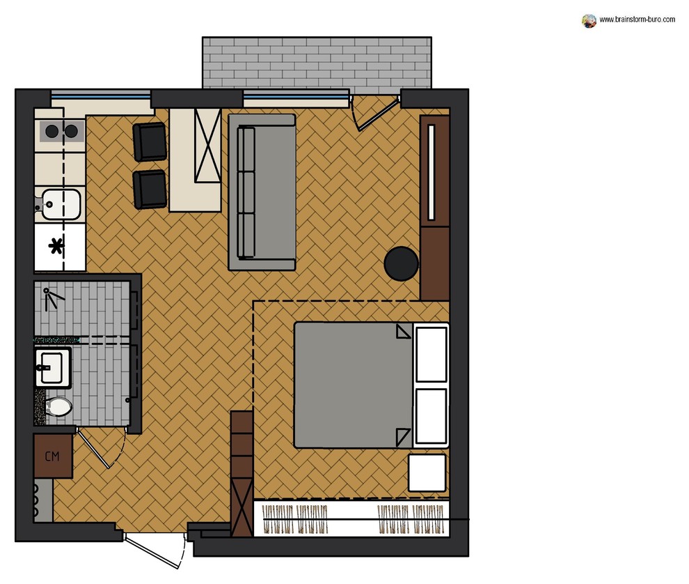 Перепланировка 1-комнатной квартиры в студию 32 кв.