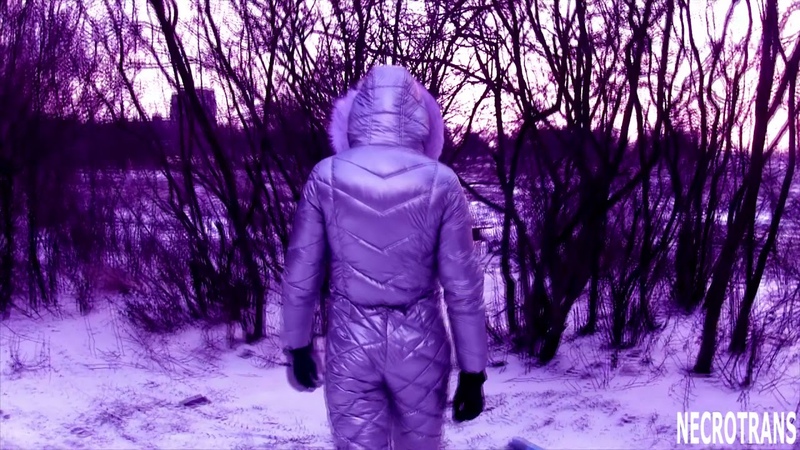 Winter silver mother of pearl ski overalls snow suit with modern gas masks and
