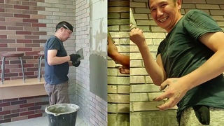 Монтаж гибкого кирпича на сетке на газобетонную стену