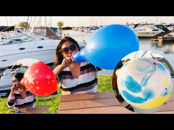 Blowing balloons in a public place, blow to popped, compiling balloons videos in a Marina